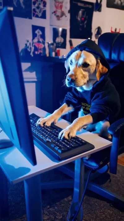 Prompt: “a computer hacker labrador retreiver wearing a black hooded sweatshirt sitting in front of the computer with the glare of the screen emanating on the dog's face as he types very quickly”