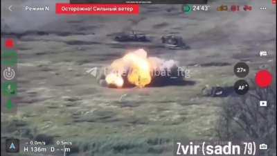 Ukrainian troops from the 79th Air Assault Brigade show a Russian tank getting obliterated by an anti tank mine during an assault in the Kurakhovsky direction - July 2024