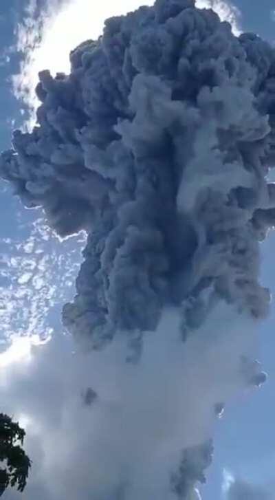 Plume from Lewotolo volcano eruption in Indonesia, November 29th 2020