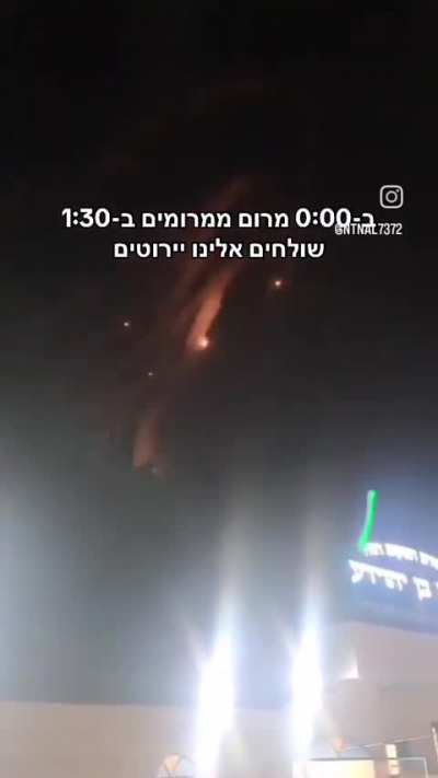 Hezbollah rocket barrage into northern Israel and Iron Dome interceptions as seen from a Synagogue, music from source 