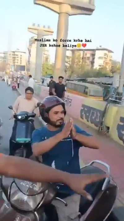 Muslim man assaulted, forced to chant JSR. People try to illegally take his scooter keys.