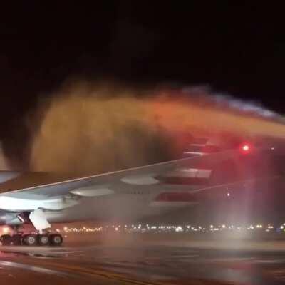 When commercial pilots retires, they're given a &quot;water salute.&quot;