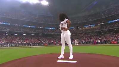 Megan throwing the first pitch