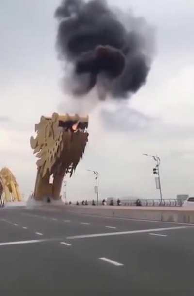 The Dragon Bridge in Da Nang, Vietnam breathing fire