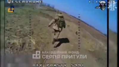 AFU Terra Group FPV drone operator strikes fleeing Russian in the Head. May 2024. Avdiivka Direction.