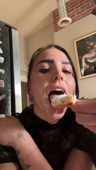 heaven is being fed a donut while cum is still dripping down my face