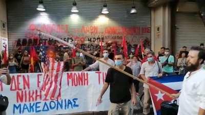 Am*rican flag burned by members of the Communist Party of Greece outside of the American consulate in Thessaloniki during today’s pro Cuban demonstration.