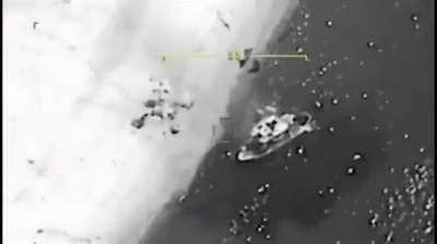 Ukrainian Bayraktar TB2 strikes a Russian boat transporting soldiers