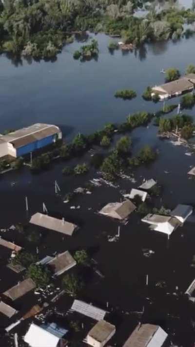 Aerial view of flooded settlements in Kherson 