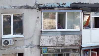 Ariel view of the twelve-story residential building in the Industrial District of Kharkiv hit today