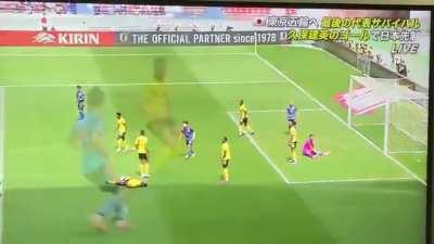 A Japanese soccer player nutmegged(ball passing between the legs) four players to score a goal.