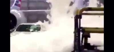 The foam fire-suppression system at an American Airlines hangar malfunctioned. (May 16, 2020)