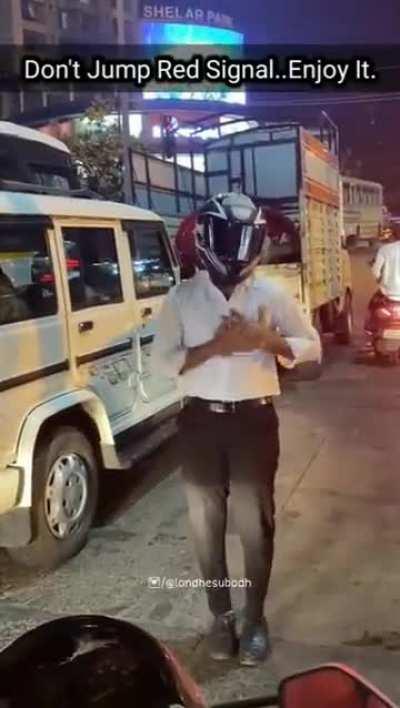 Helmet is the secret of his confidence.