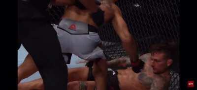 Kevin Lee lands a right hand to set up the left high kick and lands it flush on Gregor Gillespie.