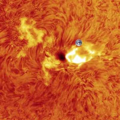 I was watching a sunspot through my telescope today when it exploded out of nowhere. This is my first time catching a solar flare on camera. Earth for Scale.