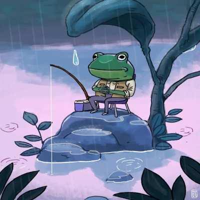 Mr. Frogg sits under the big leaf, fishing for love. Digital, me.