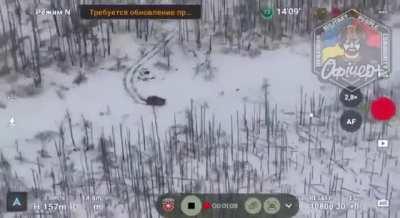 Russian MT-LB vehicle drives into an AT mine, Russian troops are forced to dismount but then are hit by a dropped munition from a Ukrainian drone (Synkivka, Kharkiv Oblast)