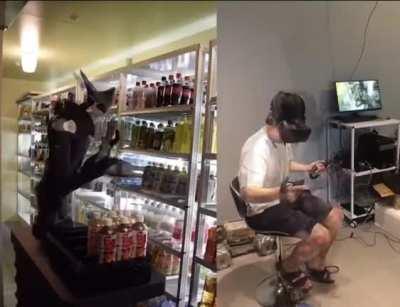 Store worker stocks shelves using a VR headset to interface with a robot