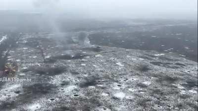 Spotter drone from the &quot;BUAR&quot; unit of the 110th Mechanized Brigade captures footage of a failed Russian assault being repelled in the Avdiivka direction. (Published on January, 26 2024)