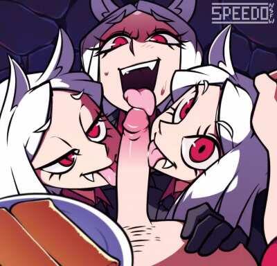 Cerberus - begging for attention with a triple blowjob (SpeedoNSFW) [Helltaker]