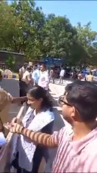 It happened again in Kondagattu JNTU, Telangana, during Group 4 Exams. This lady constable is thoroughly checking &amp; asking Hindu women to remove âornamentsâ while sending Hijaaabi women without even checking