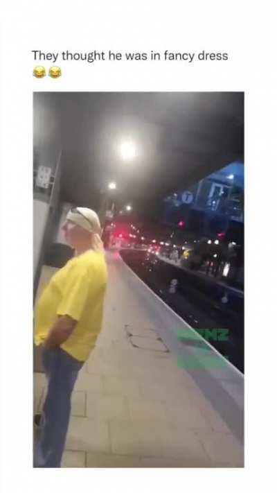 Police stop a group of men at the train station and accuse one the group of being in fancy dress, his mates response is gold