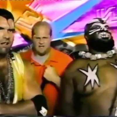 Talk about an odd team. Razor Ramon, Nailz and Kamala. Do a promo for an upcoming match with Big Boss Man, Ultimate Warrior and The Undertaker.