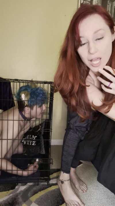 Teasing my locked chastity cucky in his dog cage 🤭 by making him beg to eat my bull's cum from my ass 😜🥵