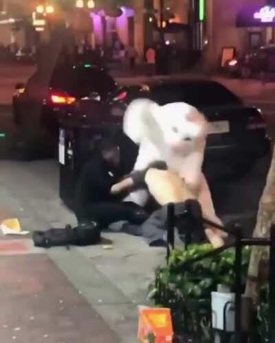 A man getting his ass kicked by a rabbit