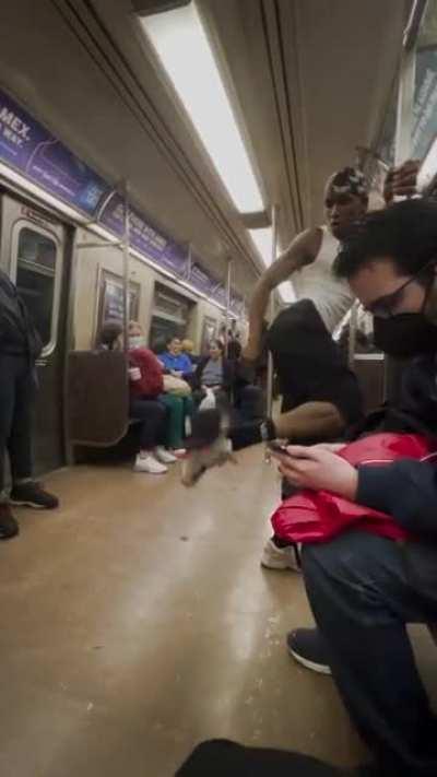 This artist/performer on a speeding NYC subway train.