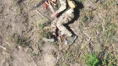 (UA) Drones from the 4th Mechanized Battalion of the Presidential Brigade Targets and Wounds a Russian soldier with Dropped Grenades, Who Then Attempts to Commit Suicide with His Rifle and Botches it. Siversk direction. (Published on July 27, 2024)