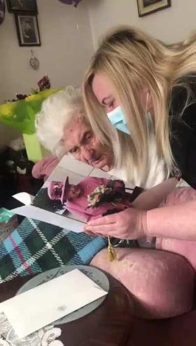 One of our Scouse compatriots gets her centennial birthday card from the Queen