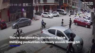 Out-of-control car heads for pedestrian 