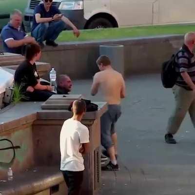 the freak beats up a homeless man, for which he was punished