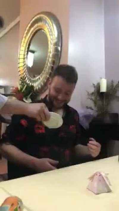 Coffee spilling prank, waiter always does this