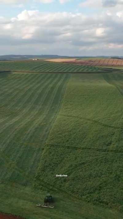 A field, a tractor, puffy clouds, and a whole lot of straight lines