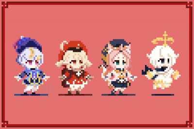 Done! Qiqi, Klee, Diona, and Piamon as pixel sprites!