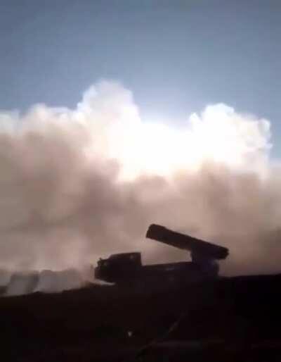 Close view of an Armenian BM-30 Smerch firing rockets during the 2nd Karabakh War. 2020