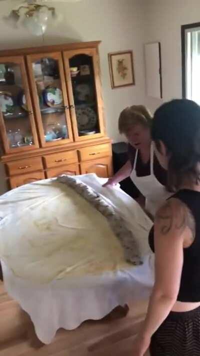 Grandma showing her grandchildren how to roll giant strudel.