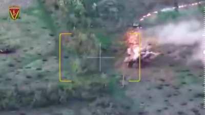 Ukrainian Krab deploys RAAM (remote mines). Russian T-80BVM and BMP-2 is later destroyed by them. By Krokhmalne, April 2024 (music from source)