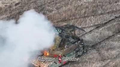 An abandoned Russian T-90M is destroyed by a Drone Drop Munition near Avdiivka [Published 02/04/2024]