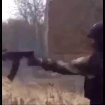 Highly trained Russian spec-ops soldier fires his gun into nothing, then says the infamous Russian phrase we all love.