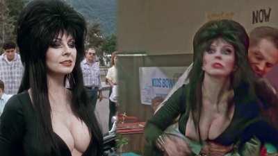 Accidental Nipslip on set of Cassandra Peterson in Elvira: Mistress of the Dark 1988