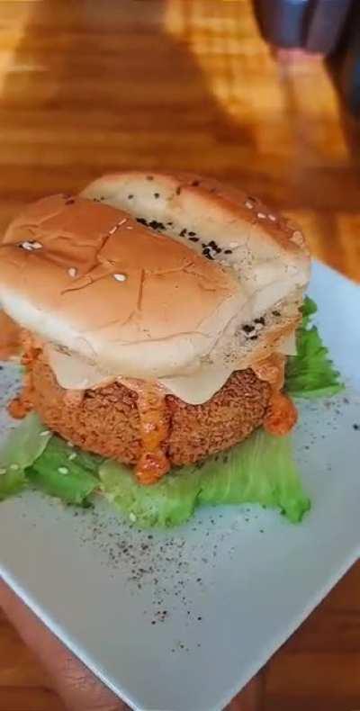 Homamede Fried Shrimp Burger on a Potato Bun