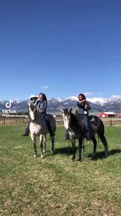 Opening champagne bottle on horse