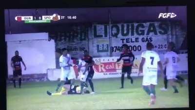 Player punches referee and kicks him in the ground in the Guarani-VA vs S.C São Paulo match for Gauchão Divisão de Acesso (Brazilian 6th Tier). The match was suspended, the referee was sent to the hospital and the player was arrested.