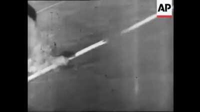 F-80 Shooting Stars attacking North Korean vehicles with machine gun and rocket fire in July 1950