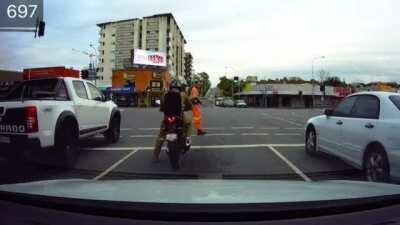 Pedestrian walks on a green light. Traffic waits. Proceeds to get karma