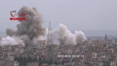 SAA Barrel Bomb lands in the Masaken Hanano neighborhood of Aleppo - 02/10/2015