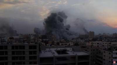 Gaza Strip building bombed ~6:15PM Oct. 9th (The Sun livestream cap)